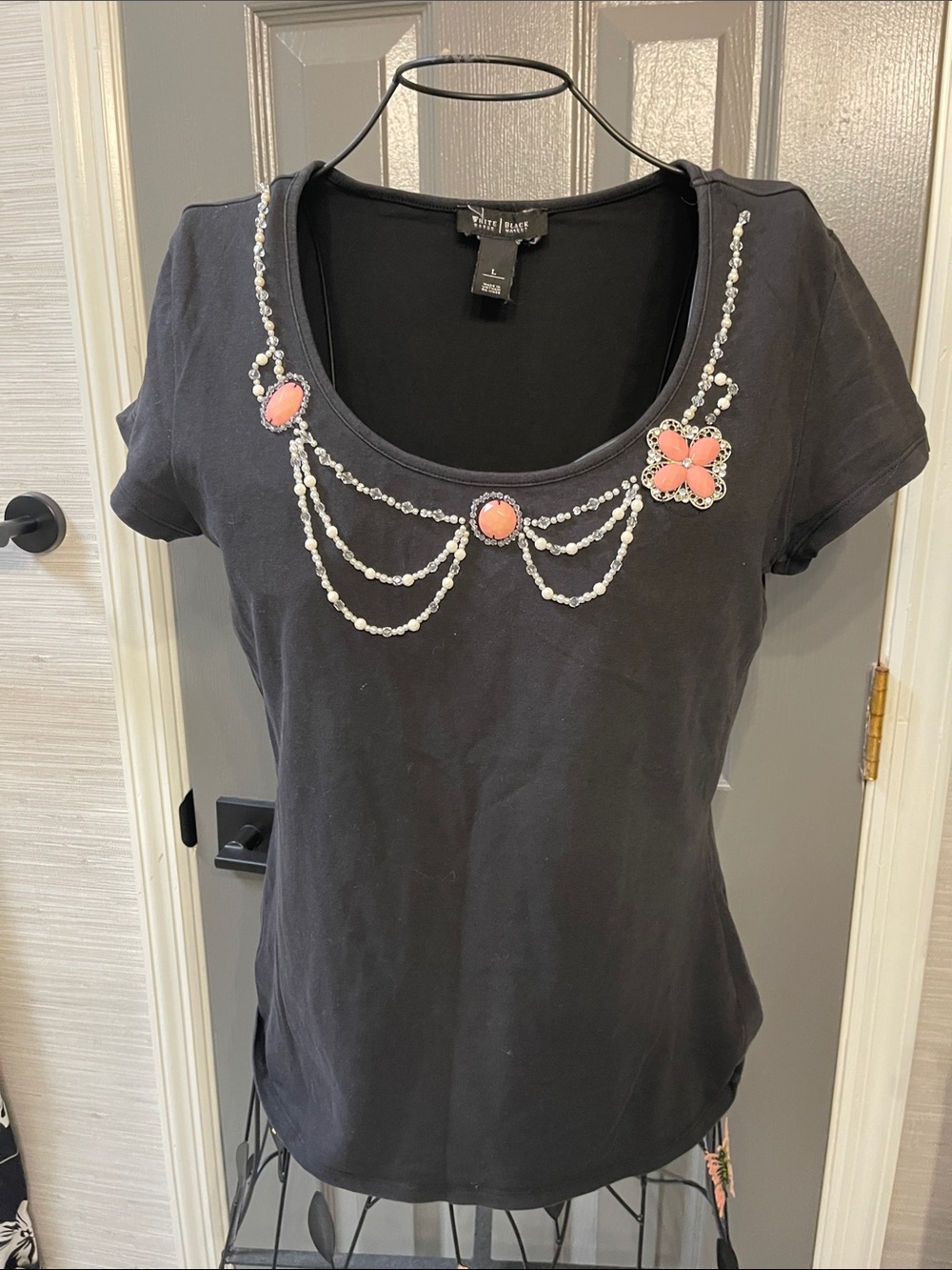 White House Black Market Black Short Sleeve Tee with Coral Beaded Embellishment